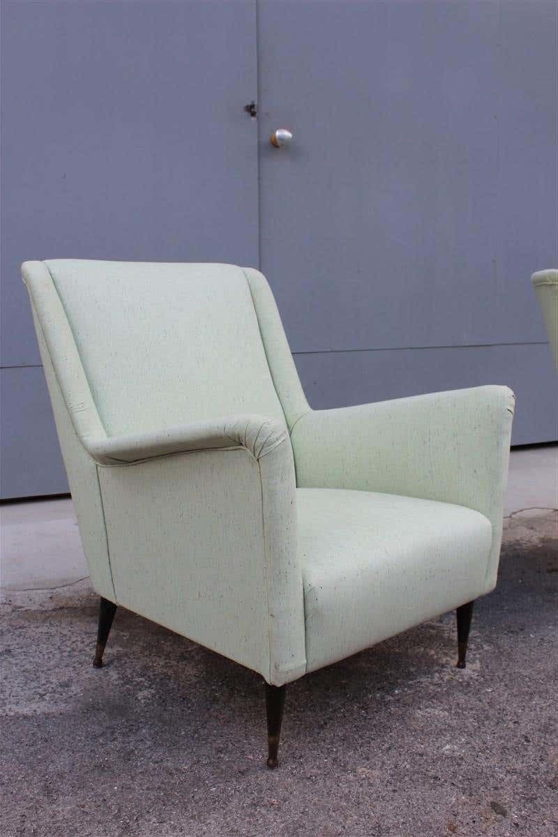 Pair Of Armchairs Midcentury Italian Design Wood Feet Brass Green Gio Ponti Style photo Furniture