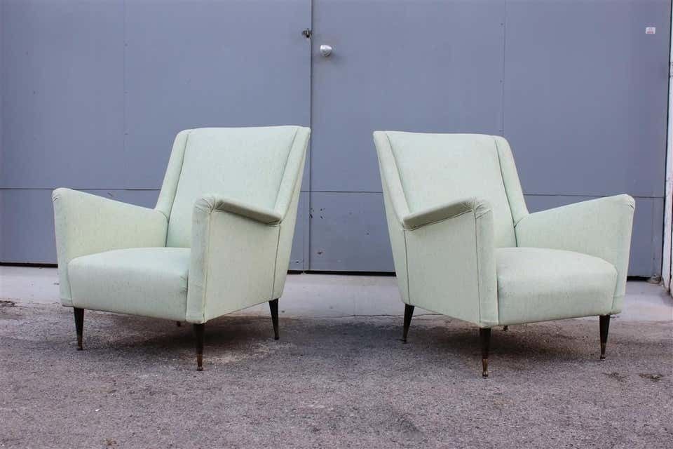 Pair Of Armchairs Midcentury Italian Design Wood Feet Brass Green Gio Ponti Style