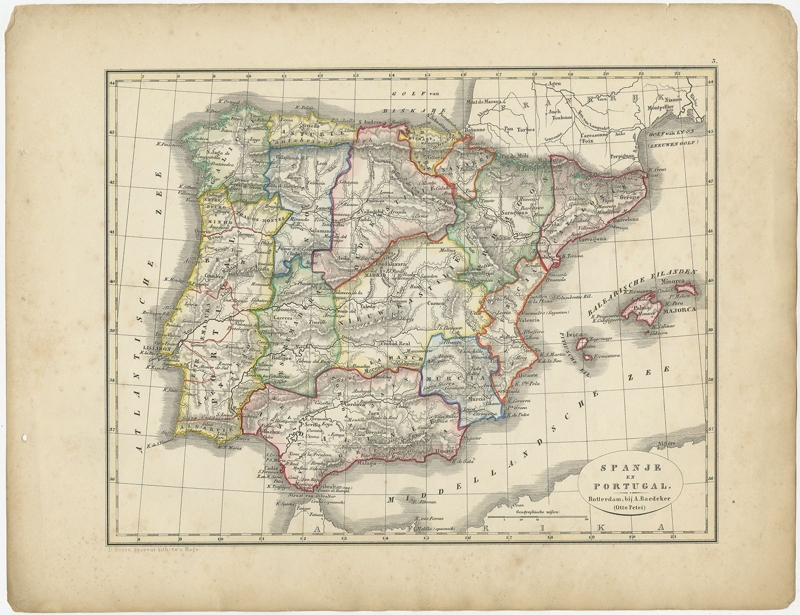 Antique Map Of Spain And Portugal By Petri (1852)