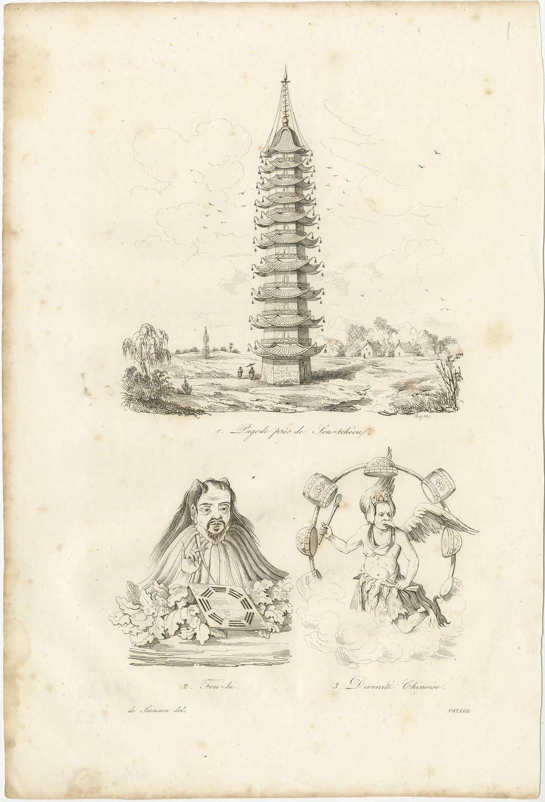 Antique Print Of A Chinese Pagoda And Chinese Deities By Dumont D'urville (1834)