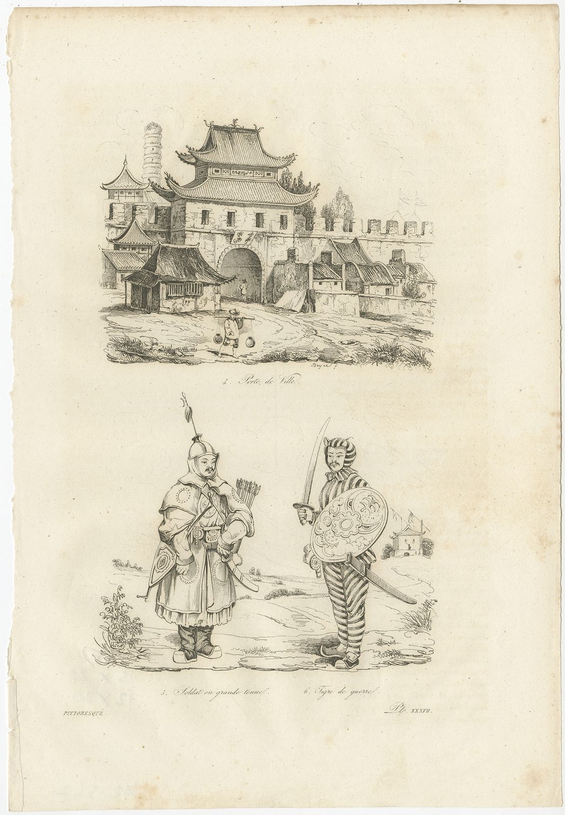 Antique Print Of A Chinese Village And Chinese Soldiers By Dumont D'urville (1834)