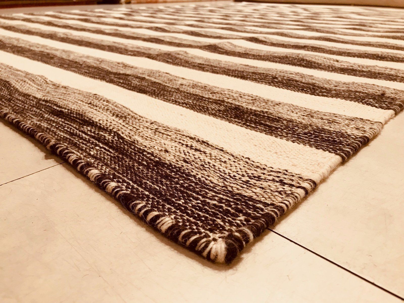 Handwoven Cotton And Wool Black And Beige Kilim Carpet, 1970s photo vintage
