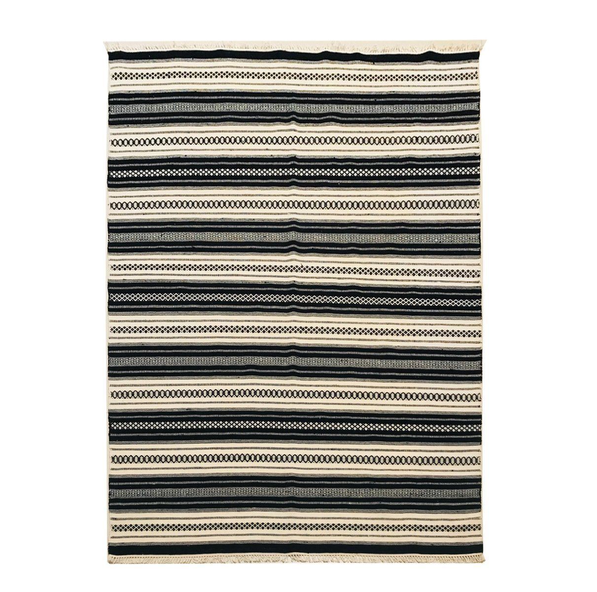 Handwoven Cotton And Wool Black And Beige Kilim Carpet, 1970s