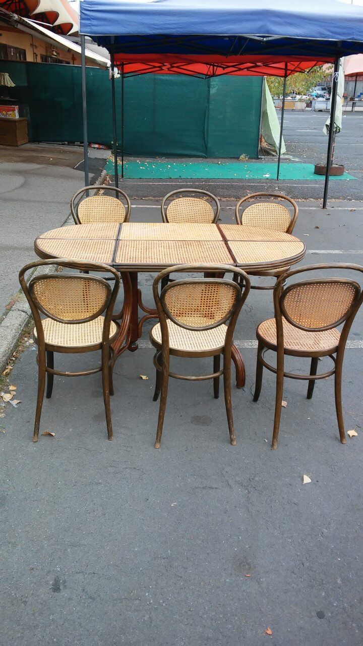 Oval Dining Table And 6 Chairs In Wood Cane, Germany, 1970s photo for sale