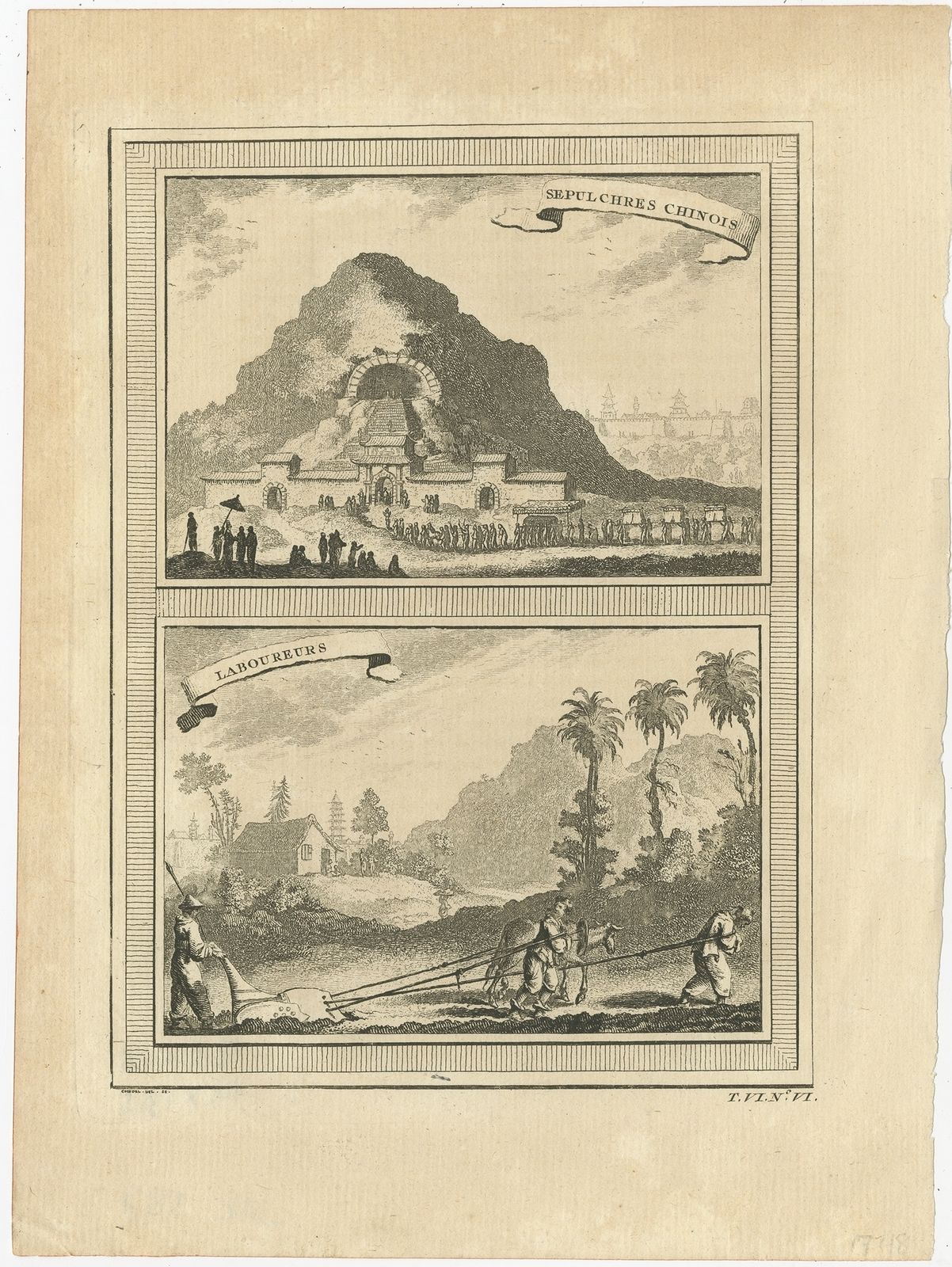 Antique Print Of Chinese Tombs And Chinese Farmers By Chedel (1748)