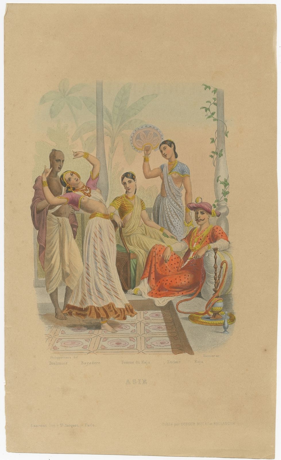 Antique Print Of A Brahmin, Rajah, Slave And Other Figures By Cortambert (C.1870)