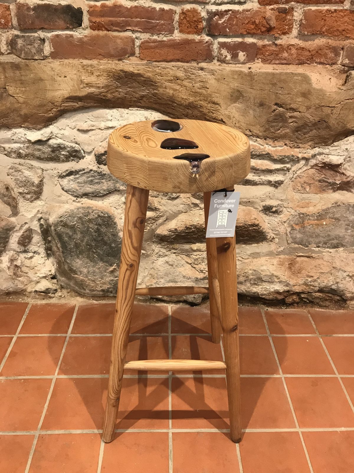 Unique Upcycled Painters Stool Accented With 3 Glass 'Pebbles' photo vintage