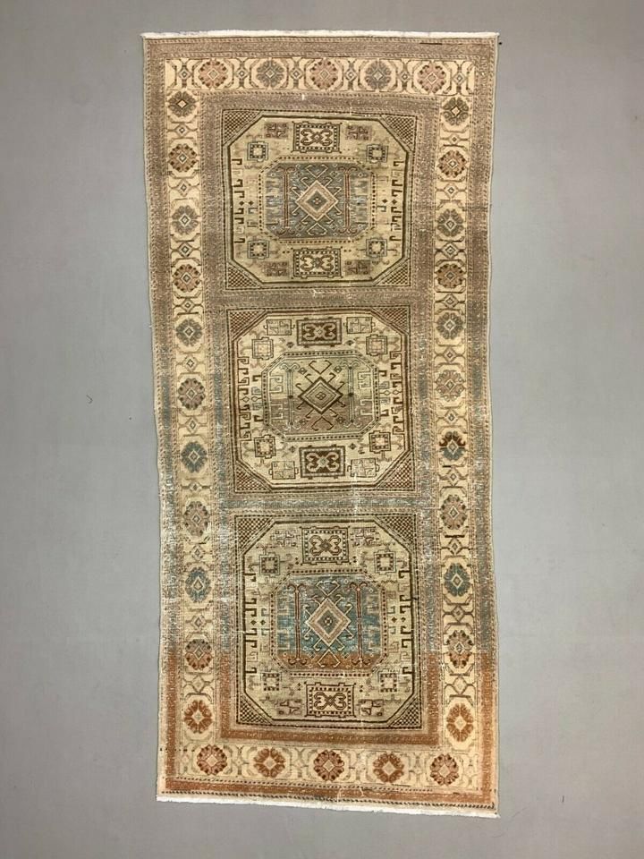 Distressed Turkish Rug 197x90 Cm Wool Vintage Shabby Chic Tribal Blue, Beige