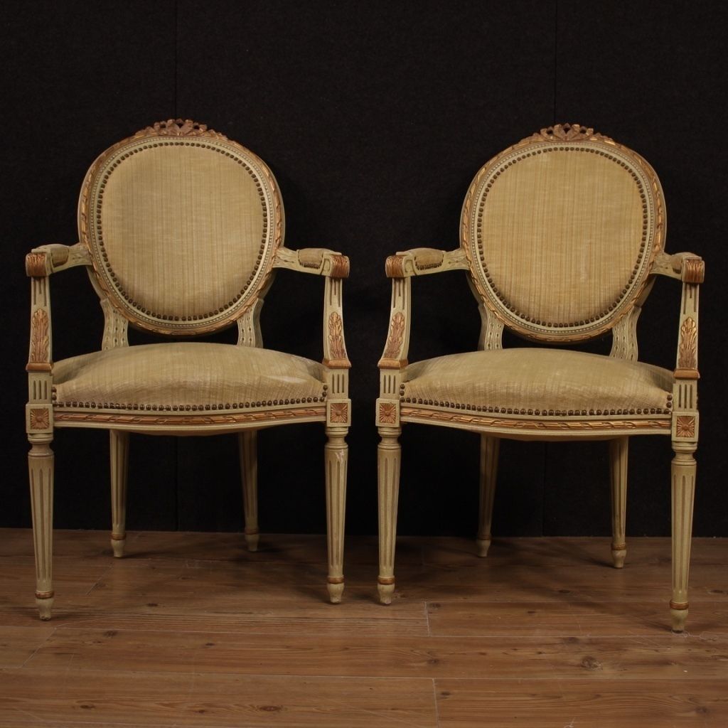 Pair Of Italian Lacquered And Gilded Armchairs In Louis XVI Style photo furniture