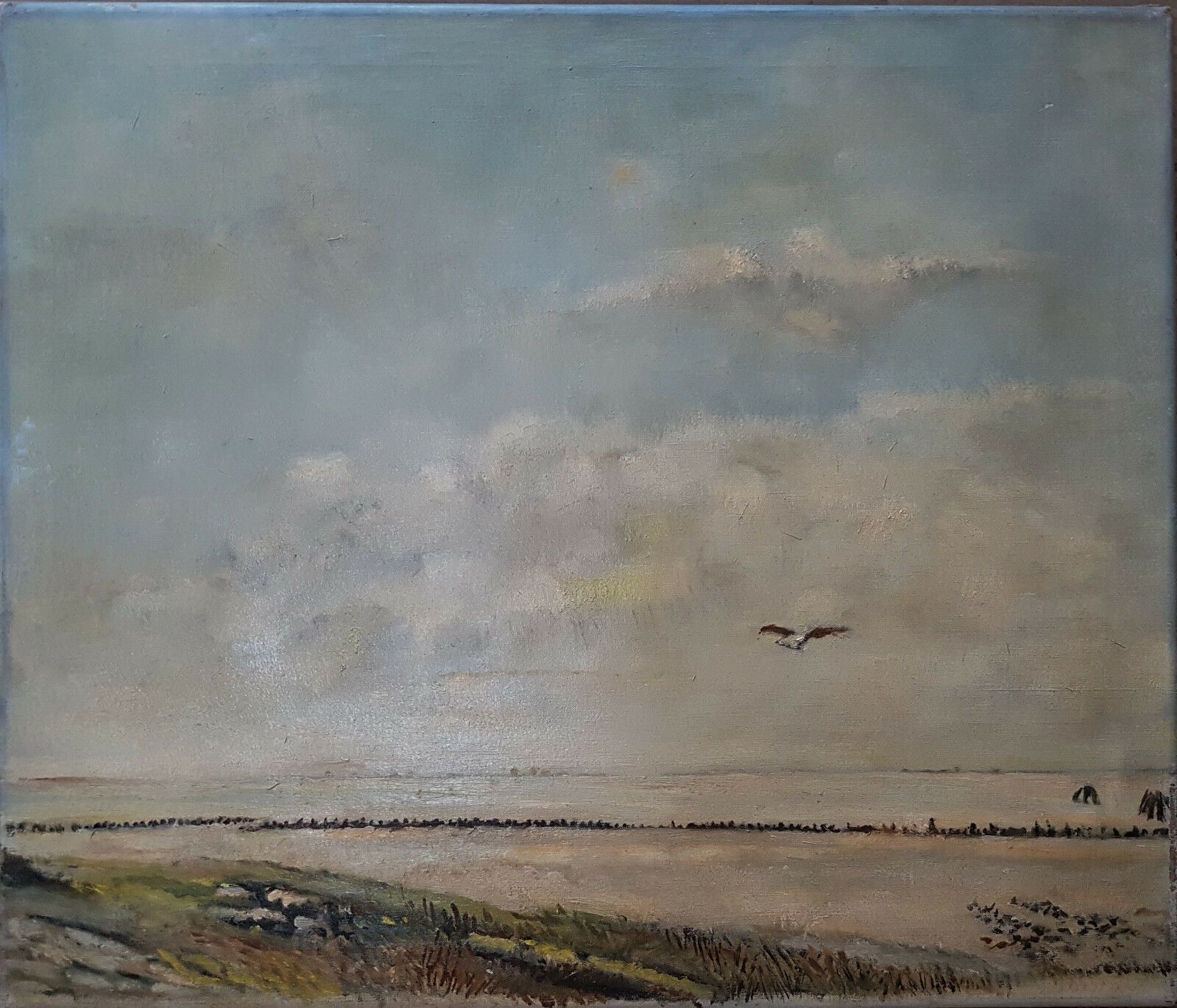 Oil On Canvas By Dirk Nyland "A Seascape With A Seagull In A Cloudy Sky"