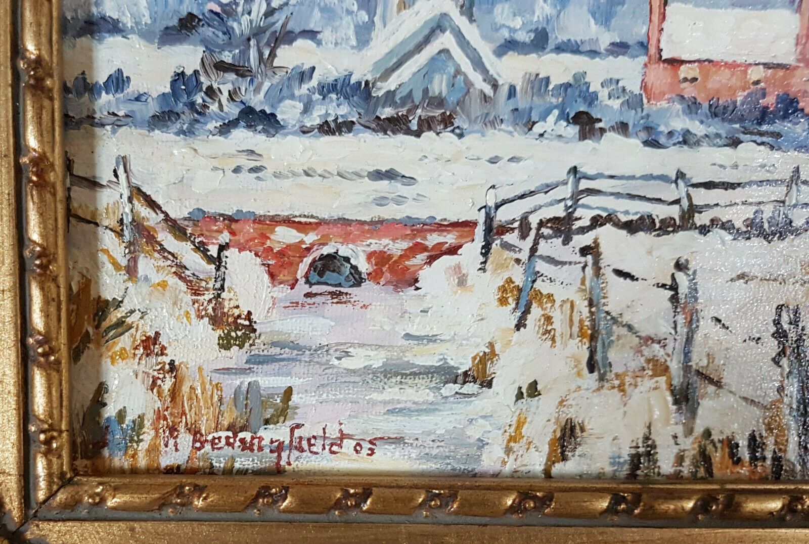 Oil Painting On Board By Roger Bedingfield. Titled, "Snow At Acle" Dated 2003. In Wooden Frame. photo for sale