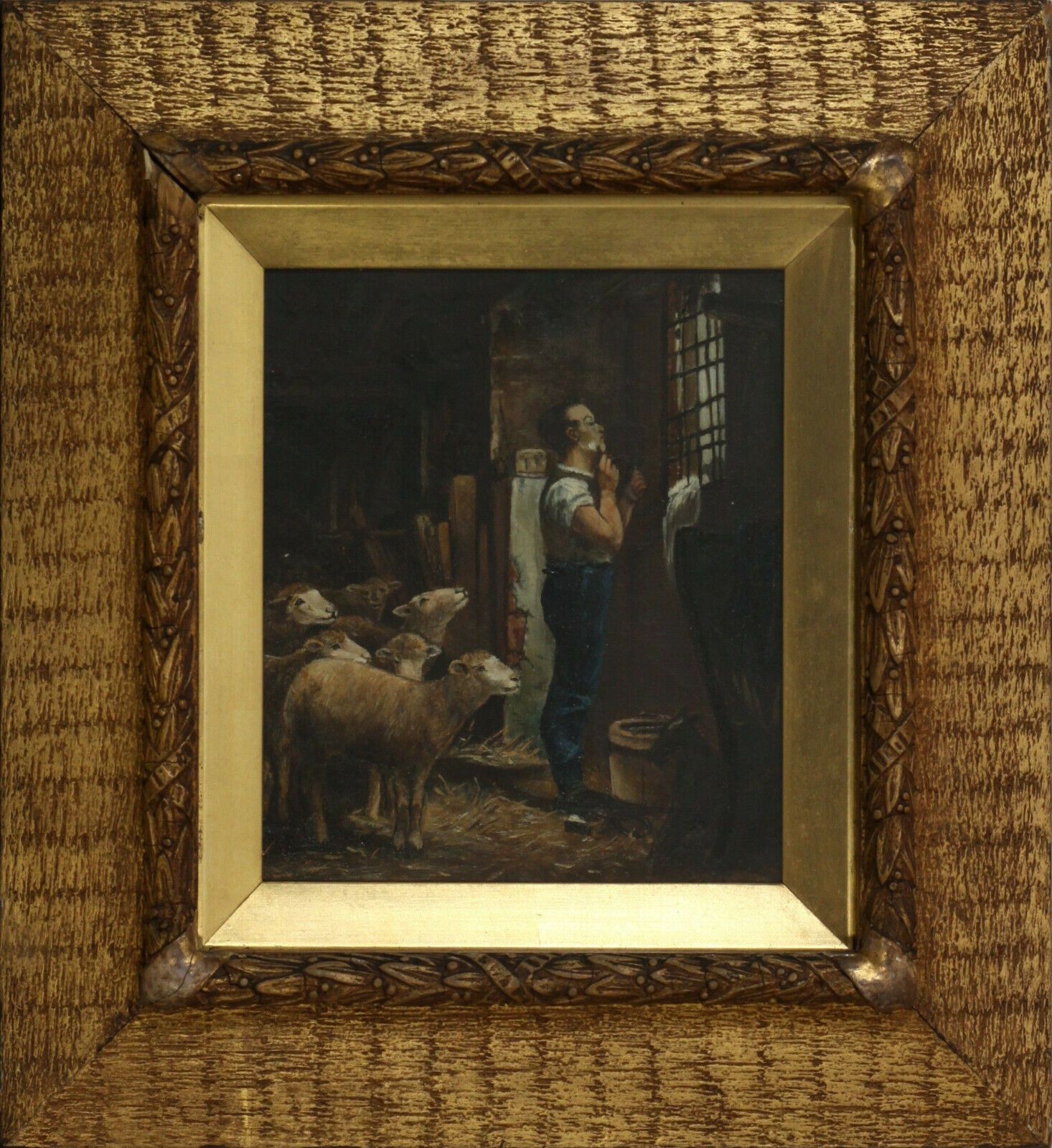 Oil On Canvas Shepherd And His Flock