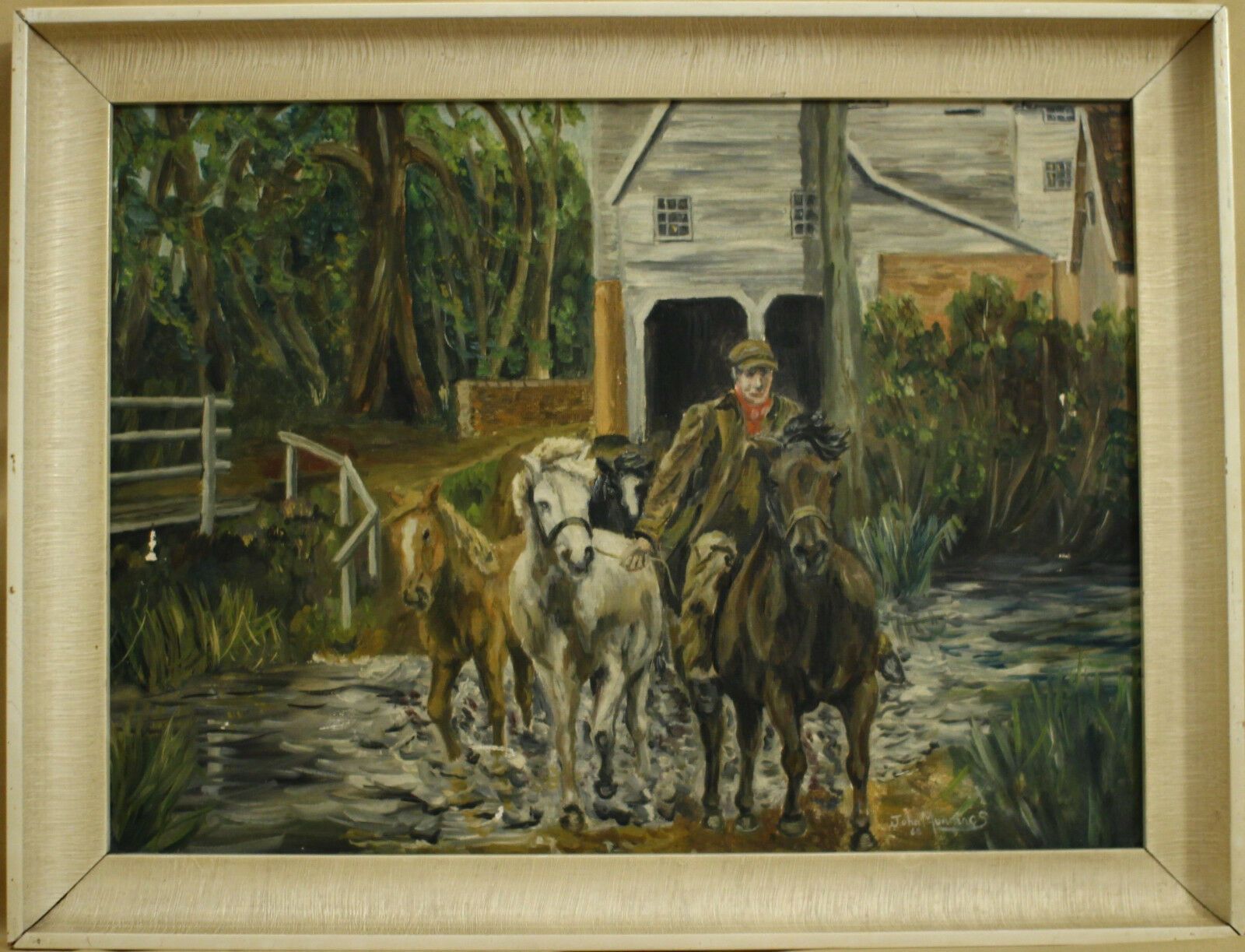 Oil On Board By John Munnings. Crossing The Ford At Weybread Mill.