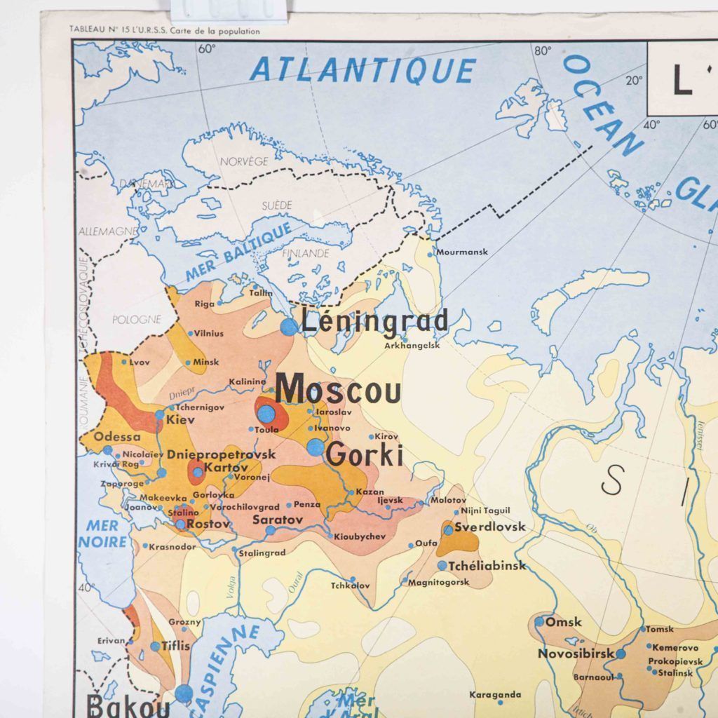 French Double Sided Educational School Poster Of The Populations Of China And Ussr photo vinterior