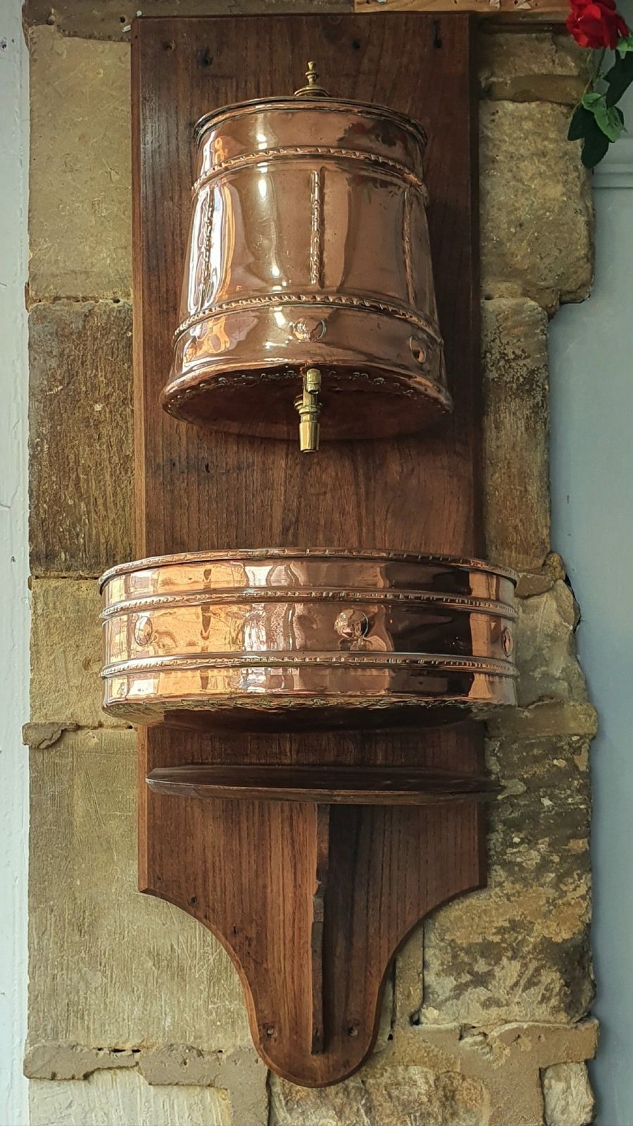 19th Century French Lavabo / Water Fountain Copper With Brass, Mounted On Wood