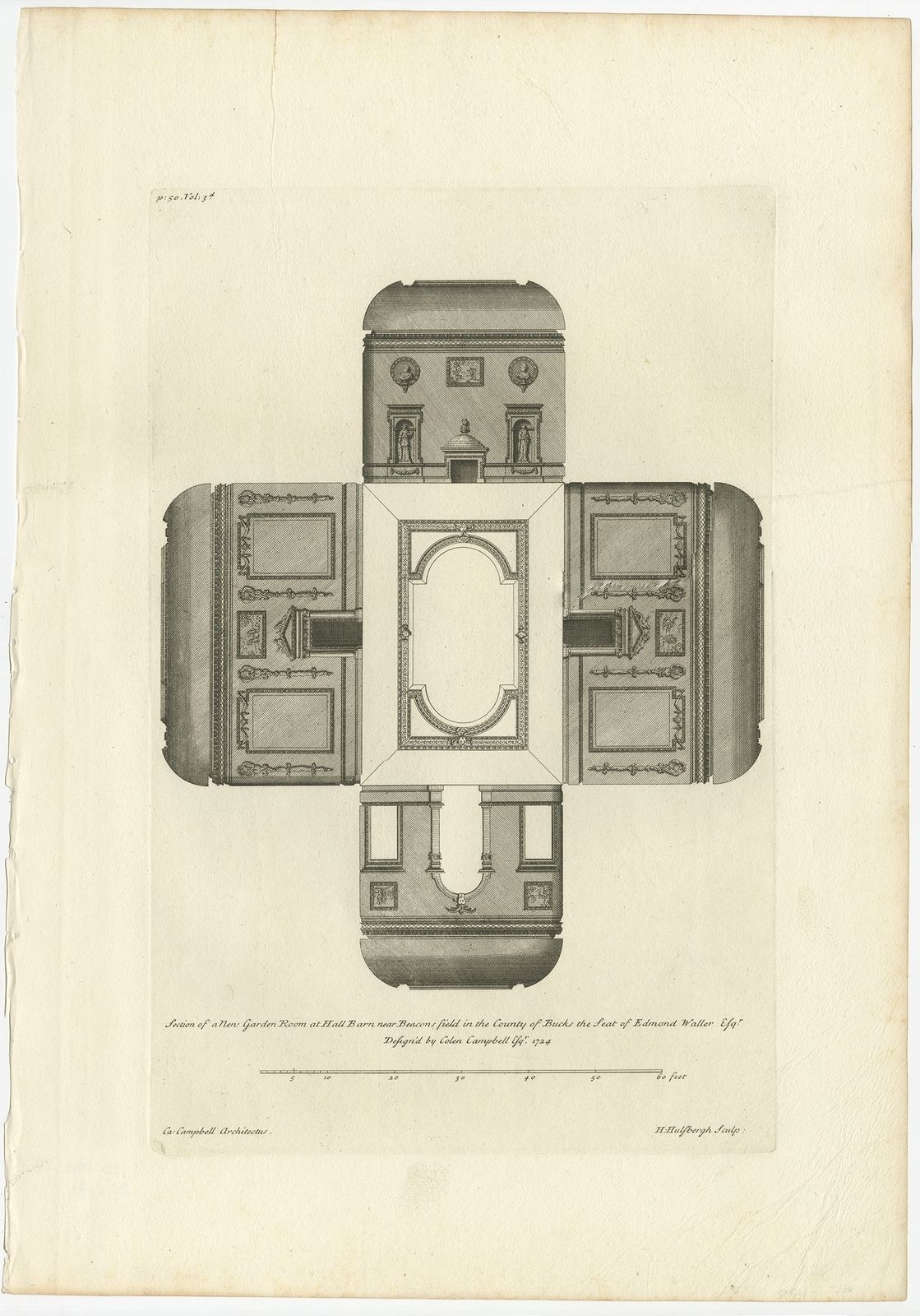 Antique Print Of The New Garden Room Of Hall Barn By Campbell (1725)