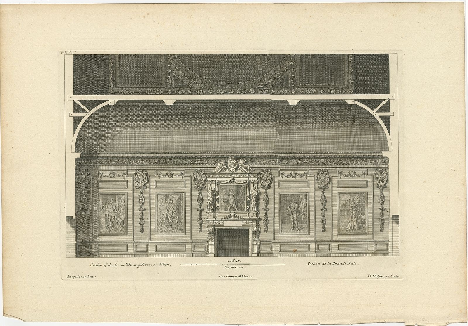 Antique Print Of The Dining Room Of Wilton House By Campbell (1717)