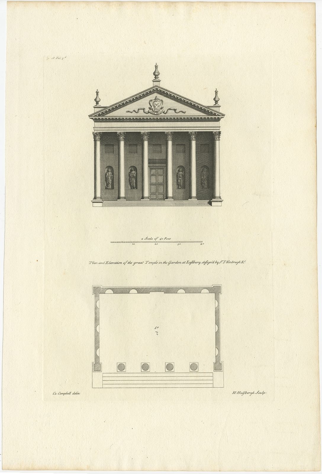 Antique Print Of A Design For Eastbury Park By Campbell (1725)