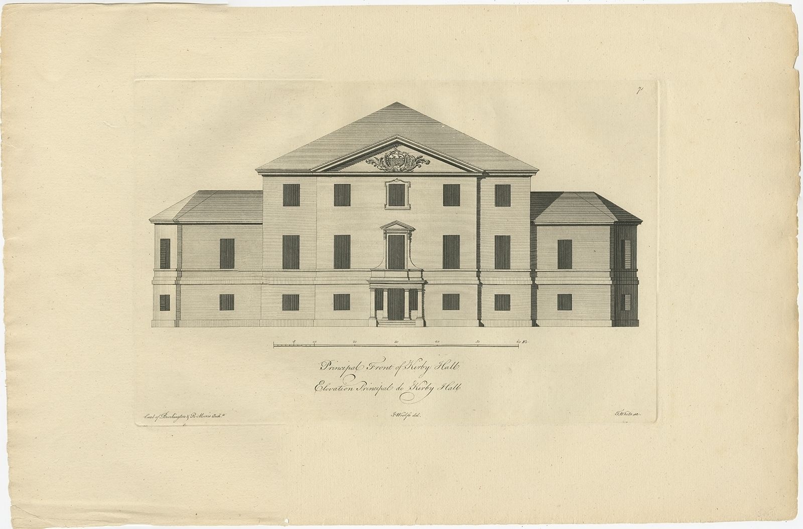 Antique Print Of The Main Facade Of Kirby Hall By Woolfe (C.1770)