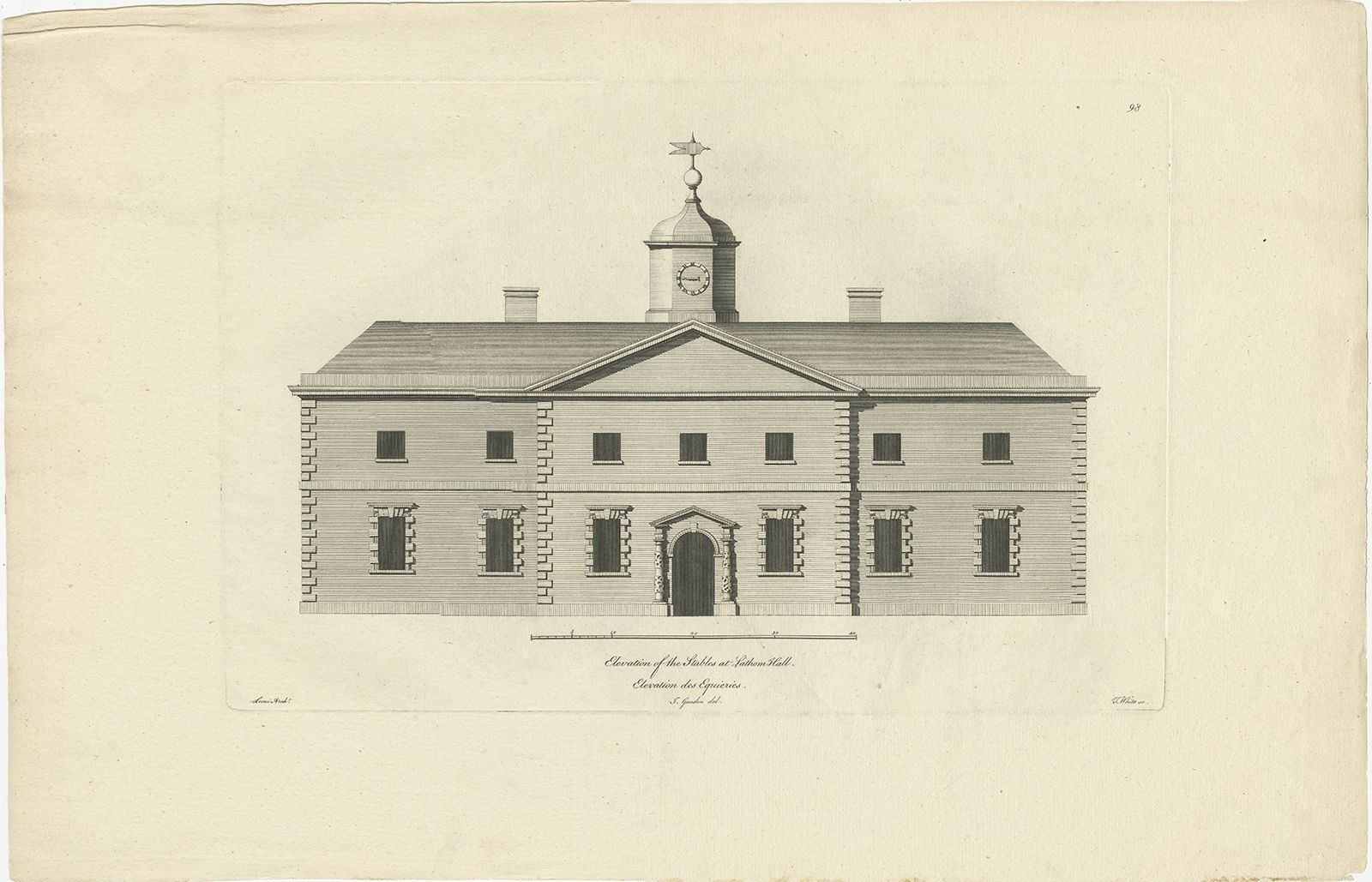 Antique Print Of The Stables Of Lathom House By Gandon (C.1770)