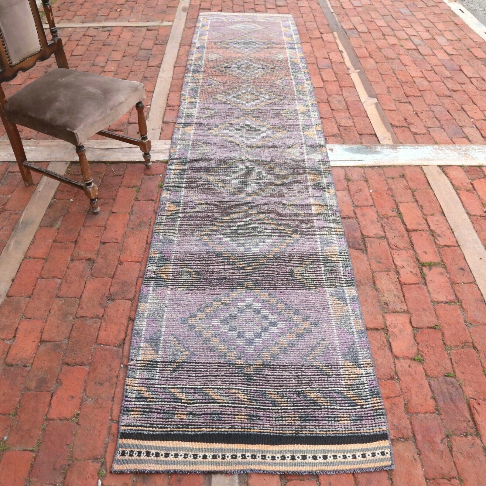 79x328 Cm Purple Turkish Herki Runner Vintage Hallway Geometric Art Deco Carpet 2'6x10'8 Ft photo furniture