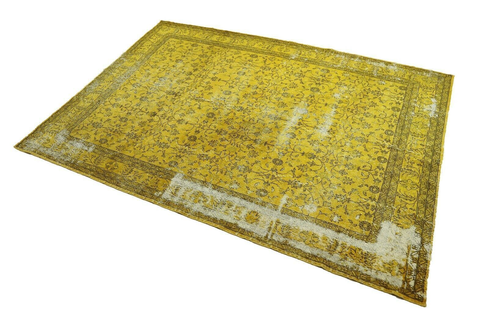 214x310 Cm Hand Knotted Yellow Turkish Area Carpet Vintage Floral Distressed Rug 7x10'2 Ft photo furniture