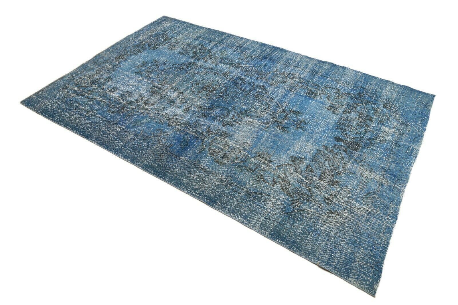 206x338 Cm Blue Floral Turkish Area Carpet Distressed Vintage Living Room Oushak Wool Rug 6'7x11 Ft