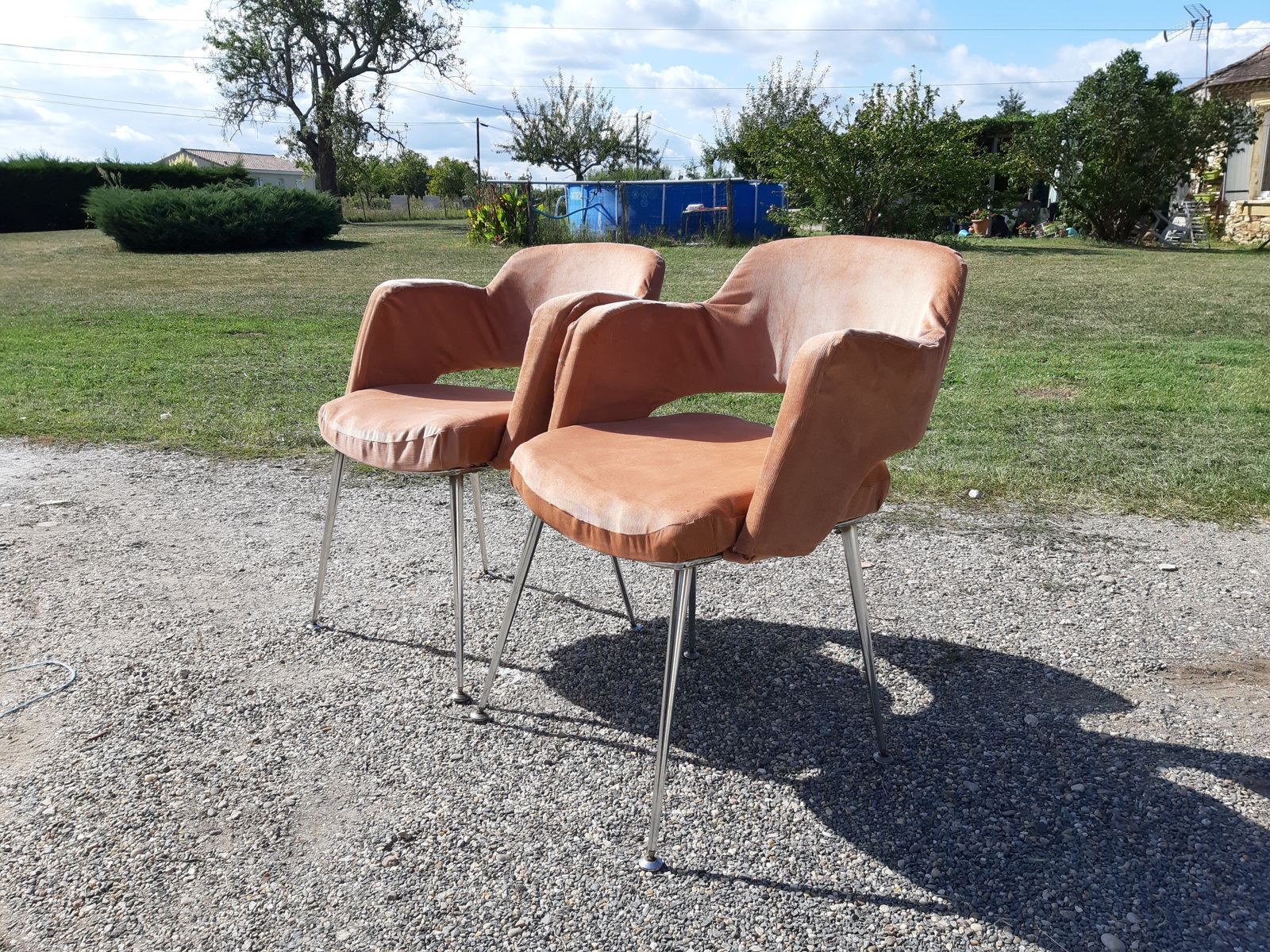 Pair Of Vintage Armchairs Of The 1970s Chrome And Salmon Fabrics photo furniture