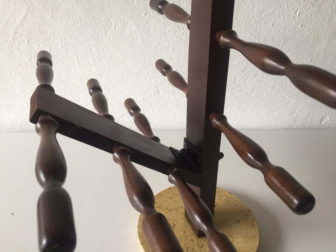 Mid Century Italian Wood Folding Magazine Rack With Ashtray   Natural Stone Base   1950s Italy photo vintage