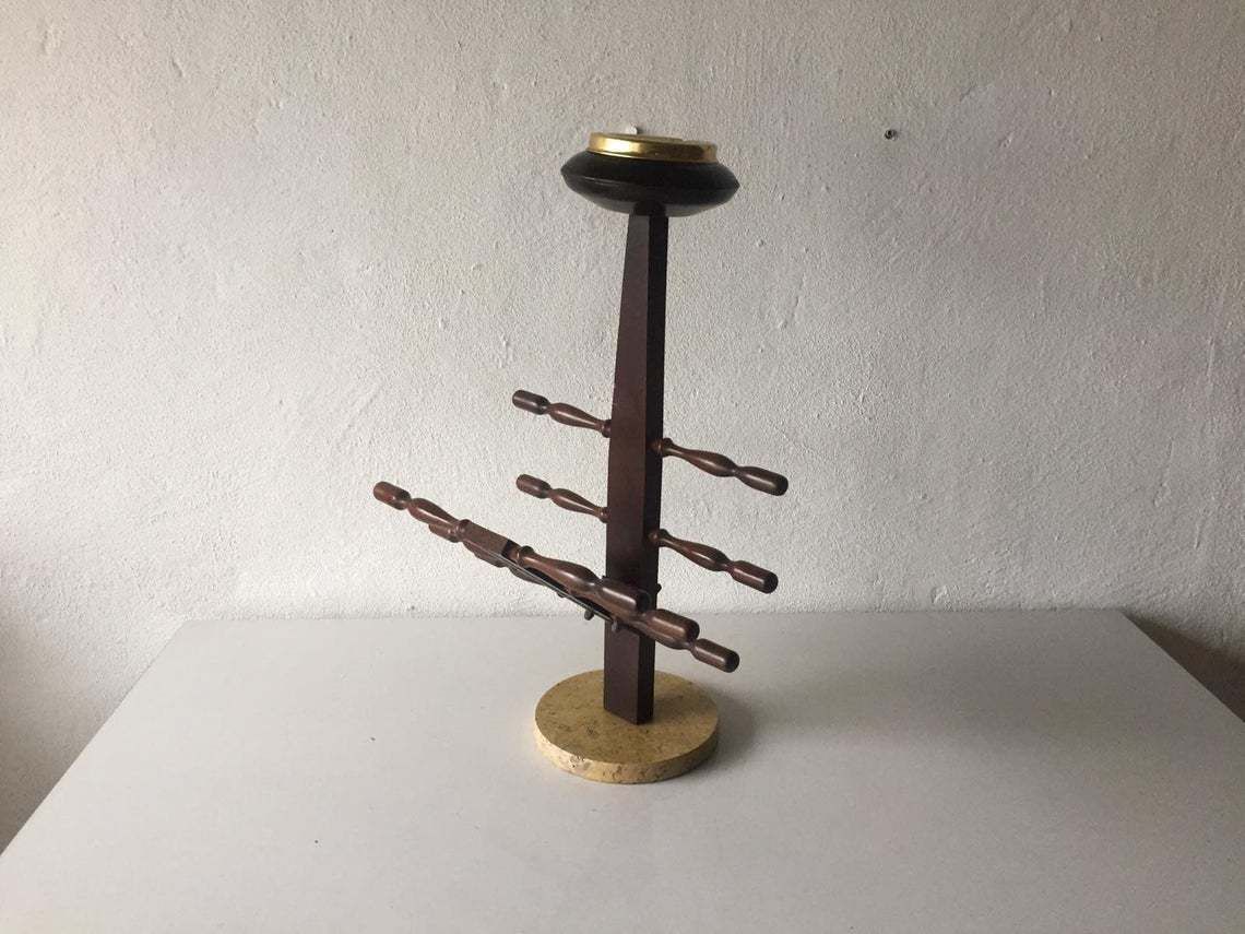 photo for sale Mid Century Italian Wood Folding Magazine Rack With Ashtray   Natural Stone Base   1950s Italy