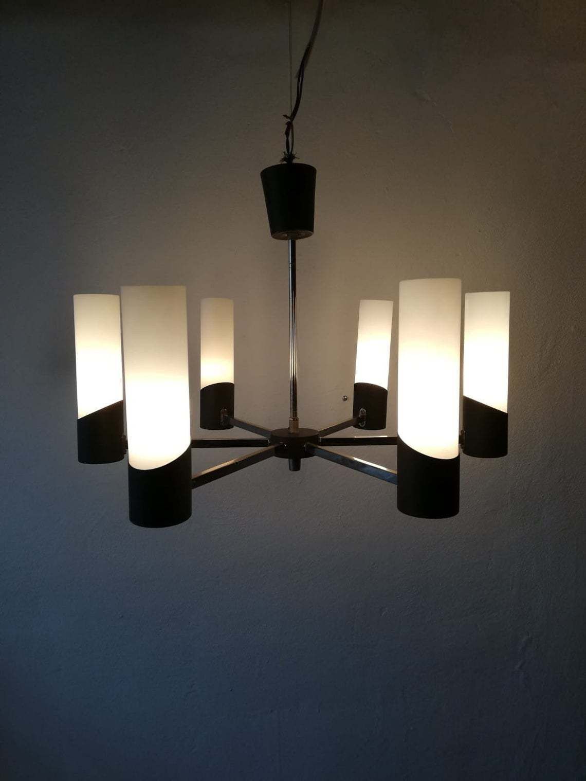 Mid Century Modern Italian Chandelier   6 Armed Minimalist Opal Glass Tube Lampshades With Grey Metal Body   60s Italy photo furniture