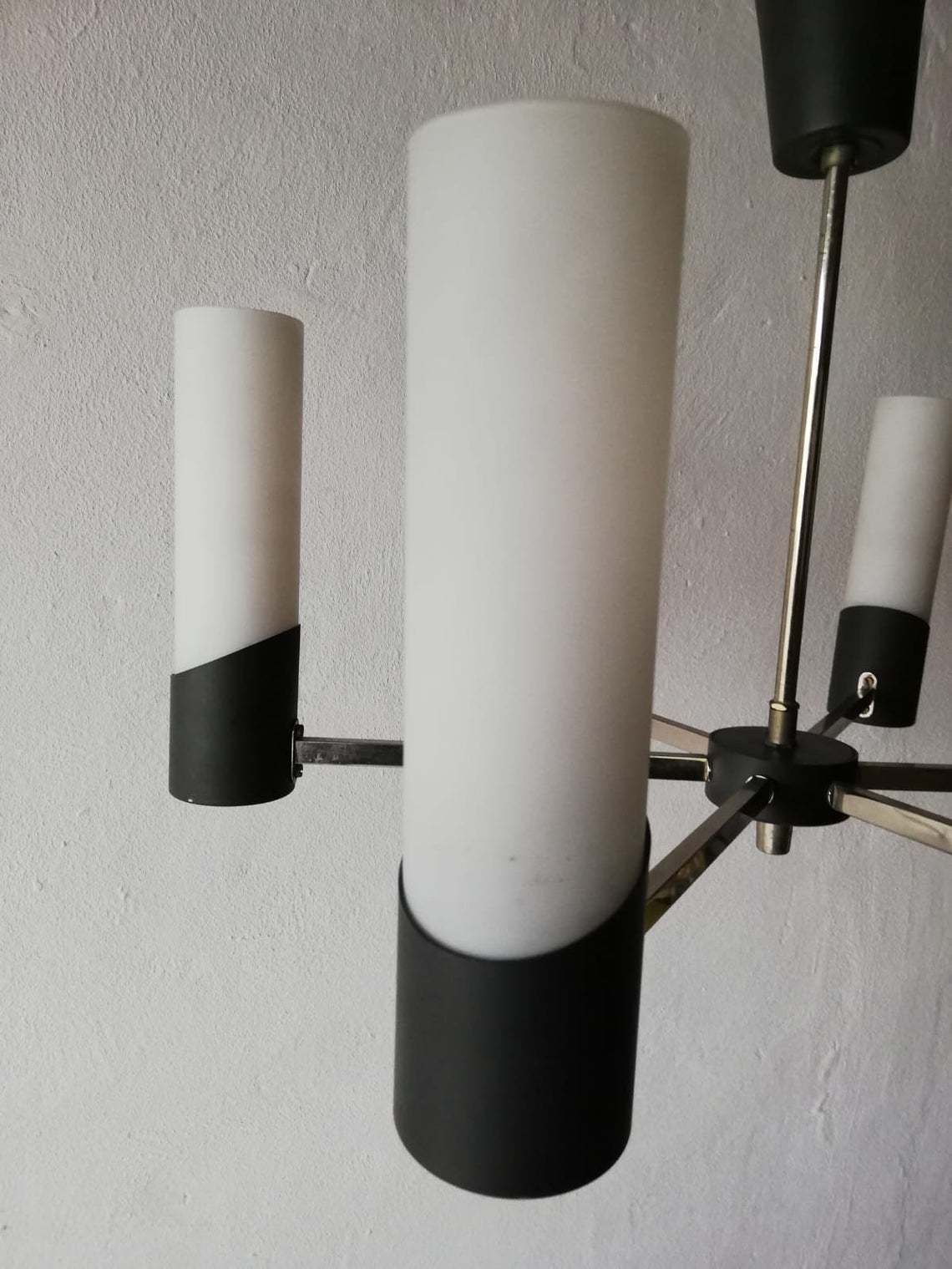 Mid Century Modern Italian Chandelier   6 Armed Minimalist Opal Glass Tube Lampshades With Grey Metal Body   60s Italy photo Lighting