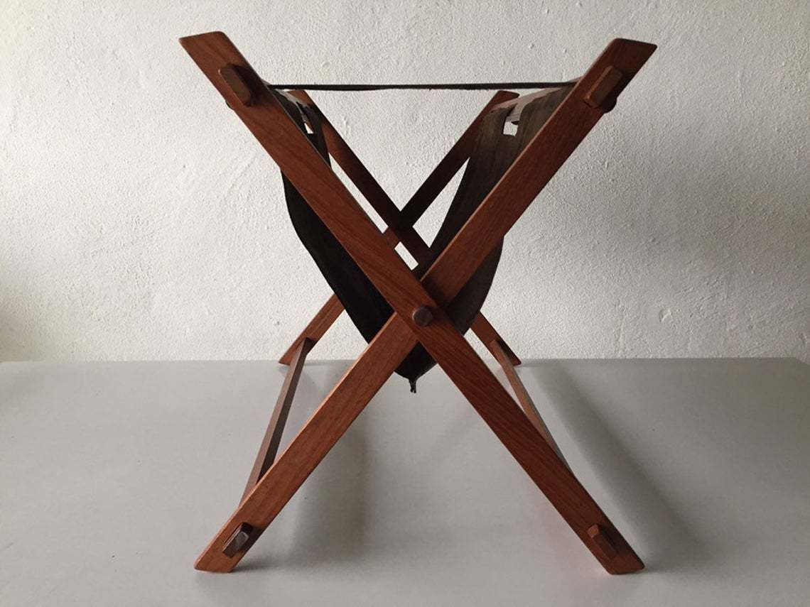 Mid Century Modern Danish Teak And Suede Leather Magazin Newspaper Holder photo vintage