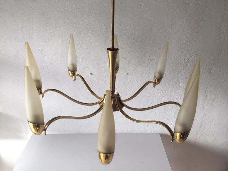 Mid Century Modern 8 Armed Brass & Long Smoke Glass Tubes Breathtaking Xxl Chandelier   1960s Italy photo for sale