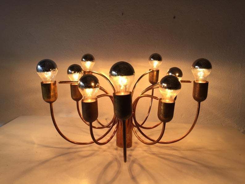Cosack Rare 10 Arc Shaped Arms Full Brass Chandelier   Beautiful Old Brass Patina   1970s Germany