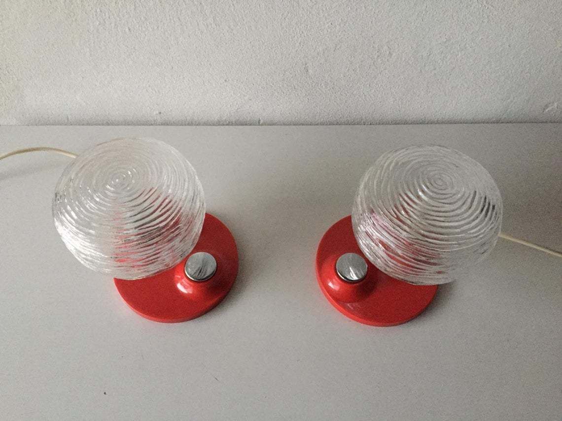 Hillebrand Pair Of Rare Rose Designed Glass Bedside Lamps   Beautiful Red Body & Big Chrome Buttons   1970s Germany photo Lighting