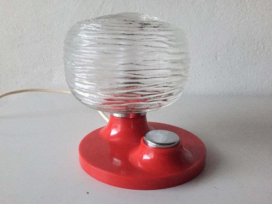 Hillebrand Pair Of Rare Rose Designed Glass Bedside Lamps   Beautiful Red Body & Big Chrome Buttons   1970s Germany photo buy