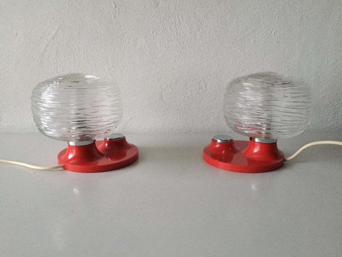 Hillebrand Pair Of Rare Rose Designed Glass Bedside Lamps   Beautiful Red Body & Big Chrome Buttons   1970s Germany photo vintage