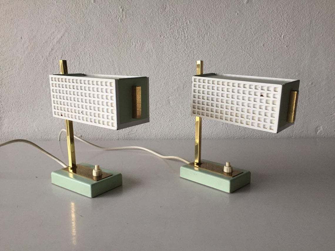 Green & White Perforated Metal Pair Of Table Lamps By Mathieu Matégot   1950s France photo furniture