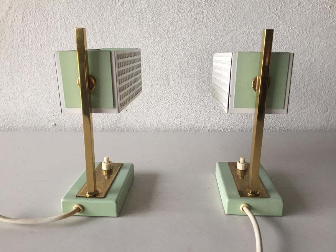 Green & White Perforated Metal Pair Of Table Lamps By Mathieu Matégot   1950s France photo vinterior