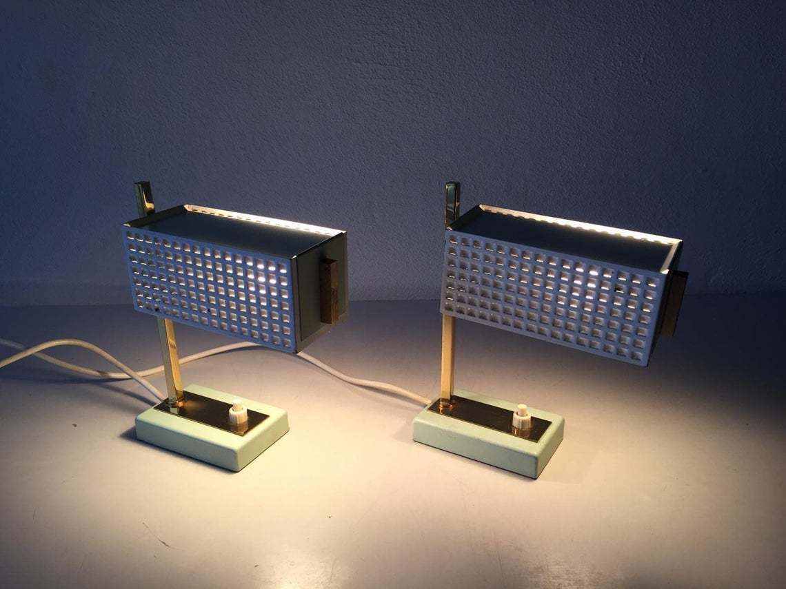Green & White Perforated Metal Pair Of Table Lamps By Mathieu Matégot   1950s France photo vintage