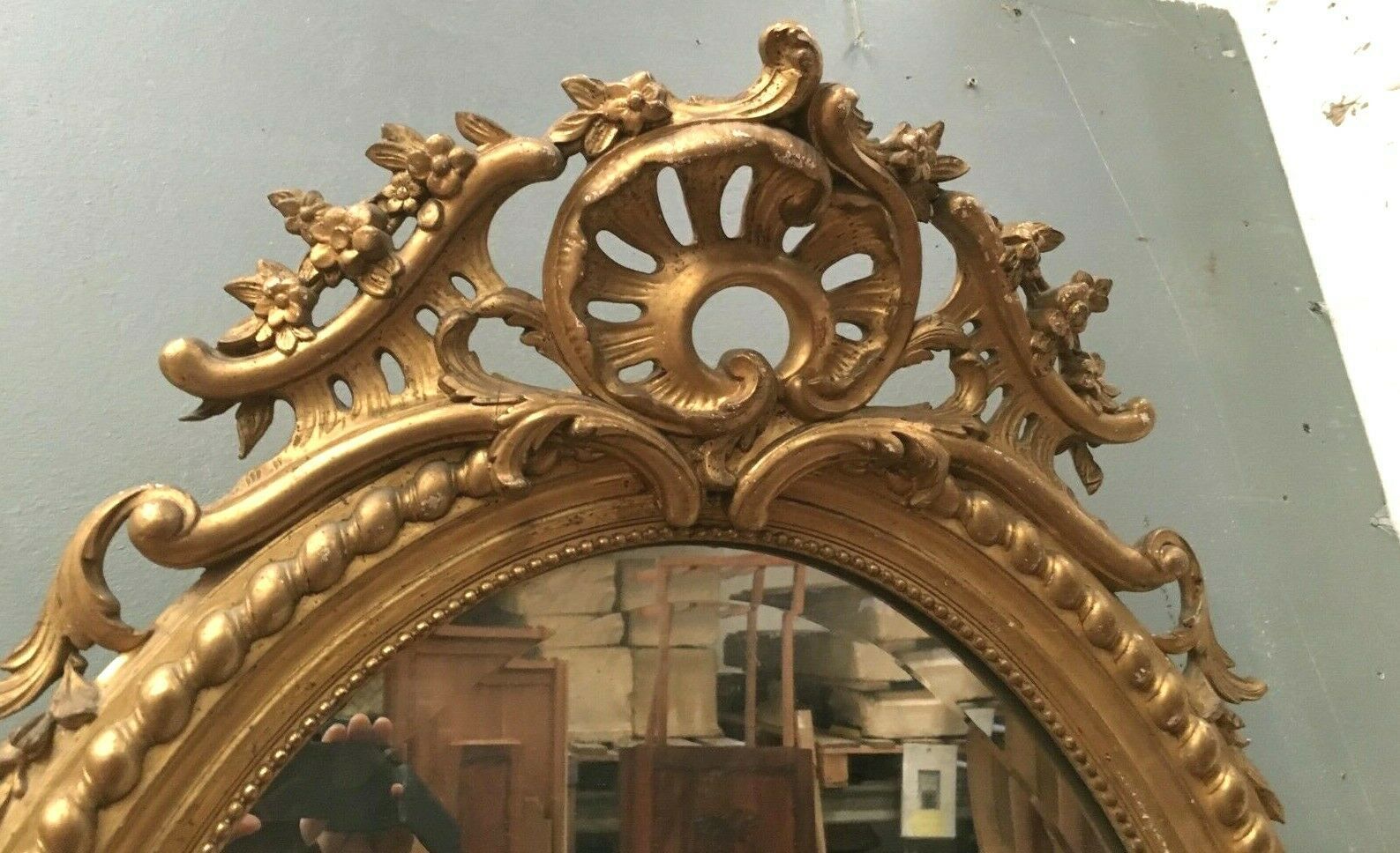 Oval Mirror With Wooden Pediment And Gilded Stucco Oval Ice Beveled Napoleon III  80x120cm photo furniture