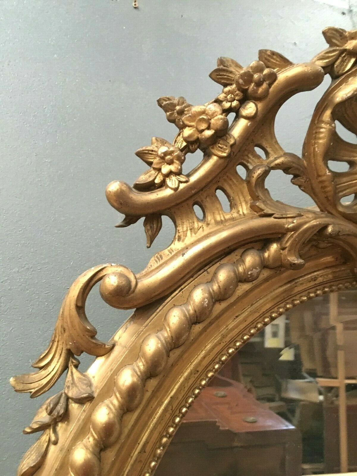photo furniture Oval Mirror With Wooden Pediment And Gilded Stucco Oval Ice Beveled Napoleon III  80x120cm