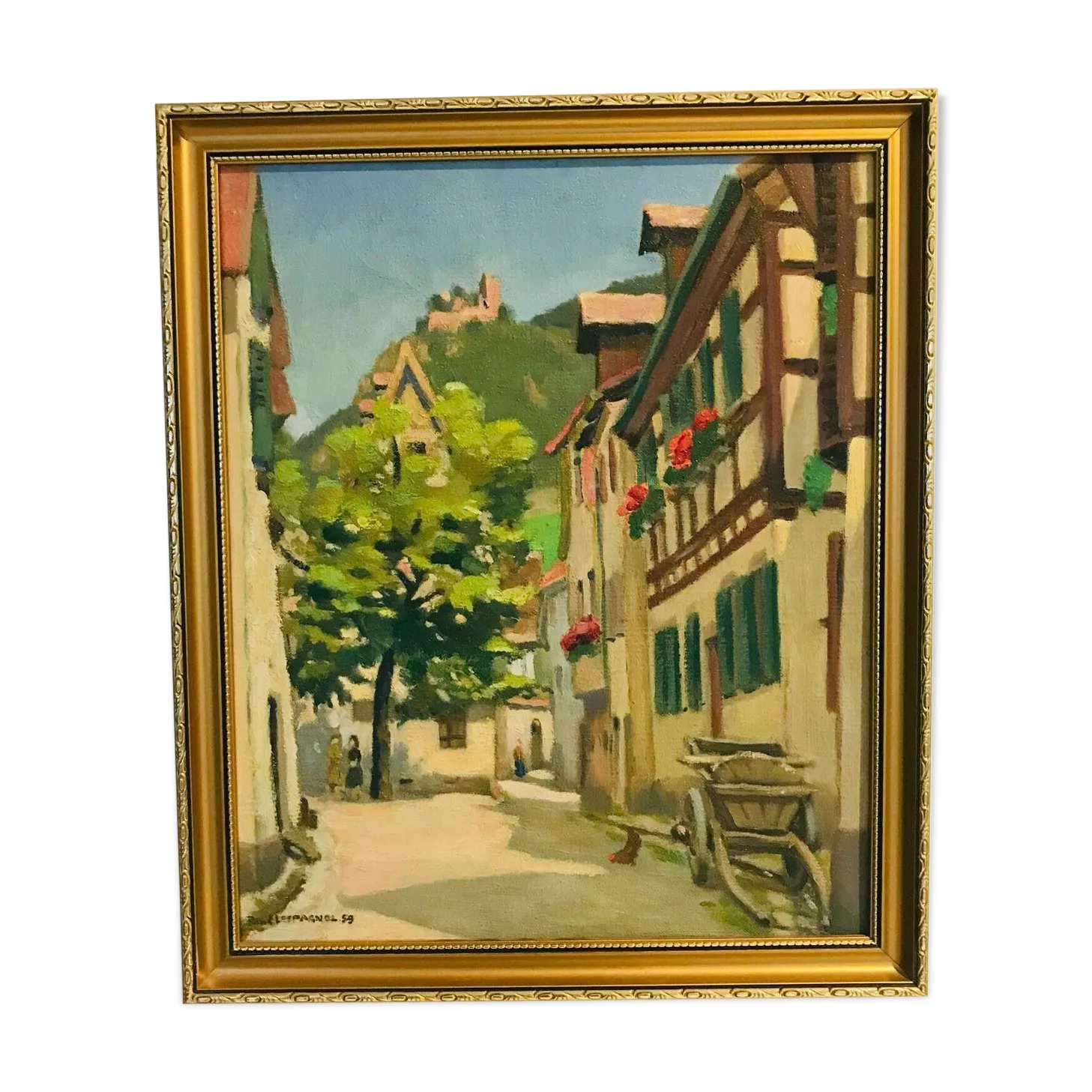 Oil On Canvas "Animated Village Lane" Signed Lespagnol 59 20th Century