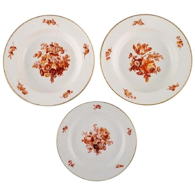 Three Antique Meissen Porcelain Plates With Orange Hand Painted Flowers