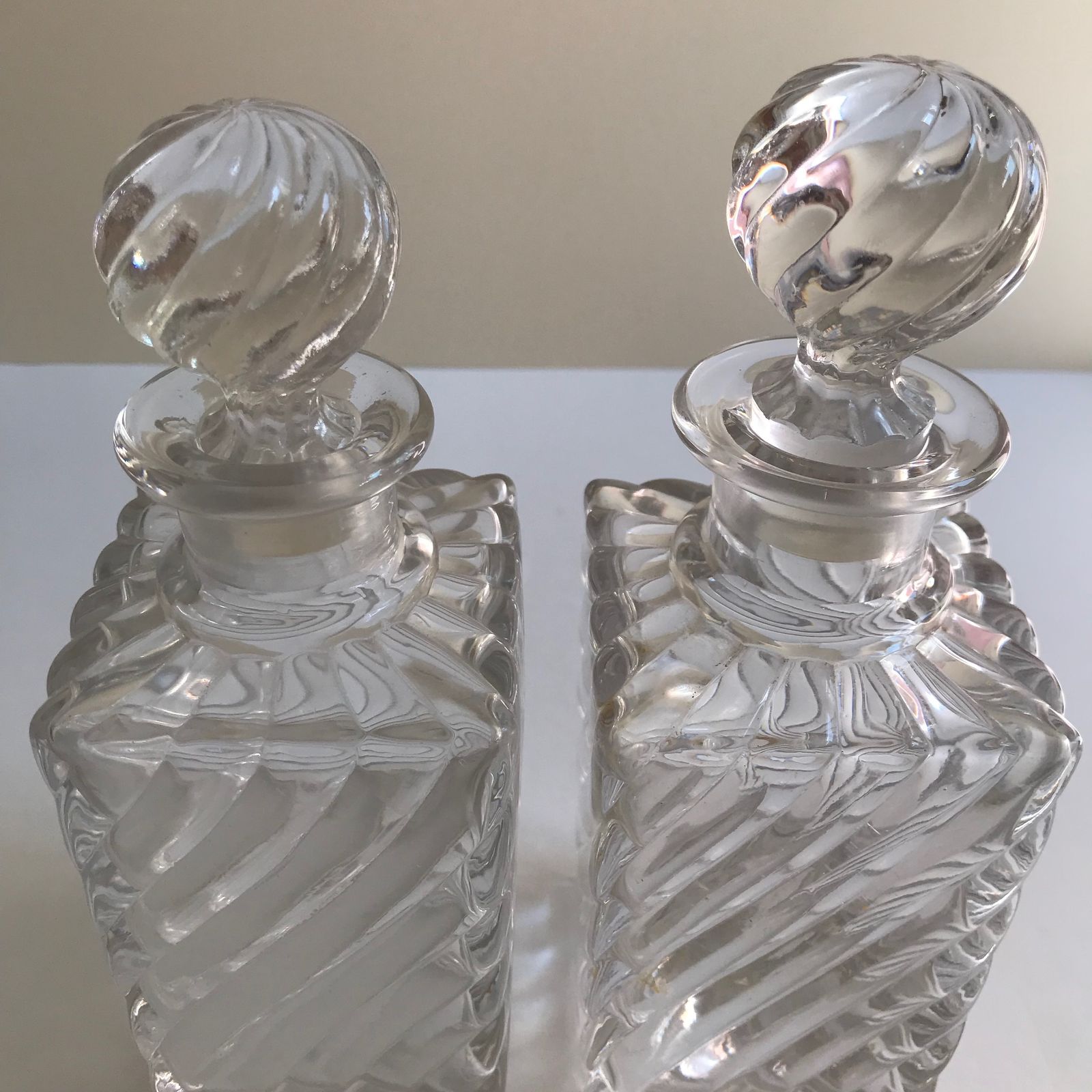 photo for sale Baccarat Square Base Swirl Bamboo Design Crystal Small Decanters  Set Of 2