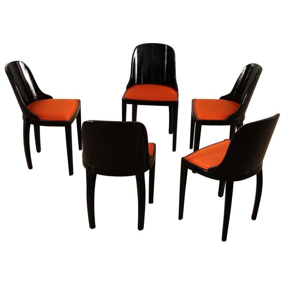 Set Of Five Art Deco Dining Chairs, Black With Orange Fabric, France, Circa 1930
