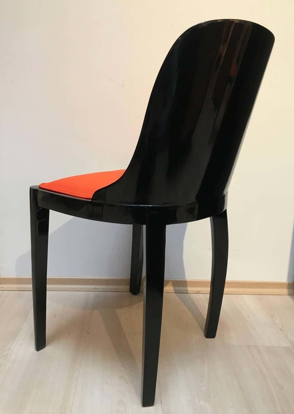 photo vinterior Set Of Five Art Deco Dining Chairs, Black With Orange Fabric, France, Circa 1930