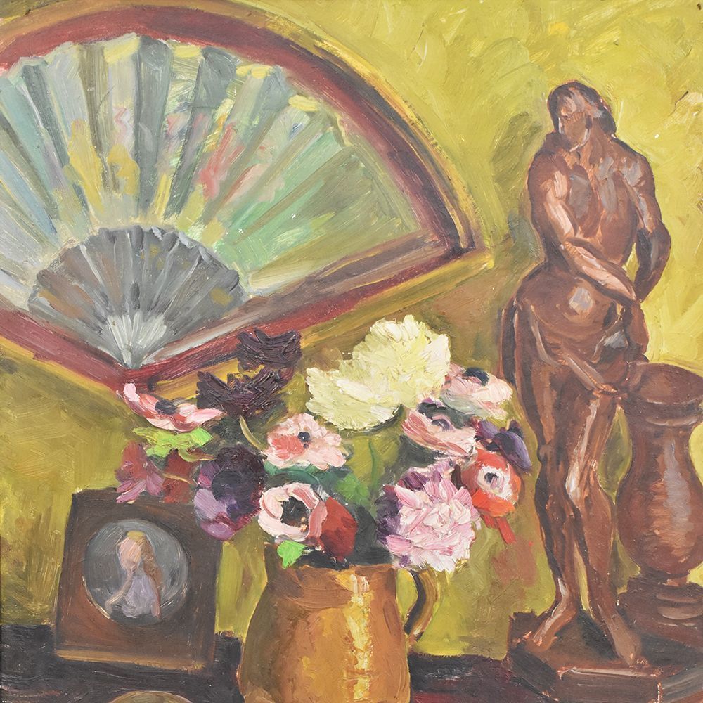 Still Life Art, Antique Painting, Fan And Anemones Flowers, Oil Painting On Wood, 20 Th Century.  (Qnm242) photo furniture
