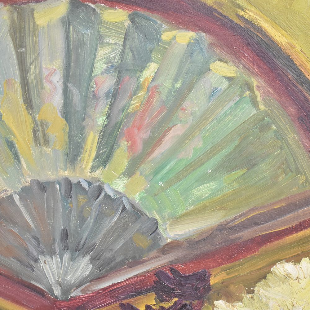 Still Life Art, Antique Painting, Fan And Anemones Flowers, Oil Painting On Wood, 20 Th Century.  (Qnm242) photo Art